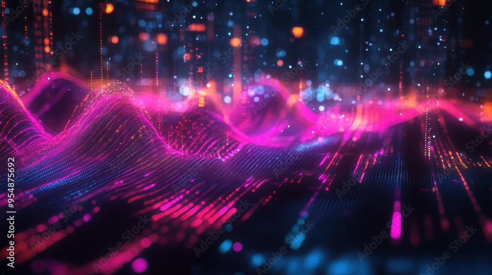 Abstract Digital Landscape with Pink and Blue Lights - Futuristic Technology Background. Abstract Digital Landscape with Pink and Blue Lights - Futuristic Technology Background.
