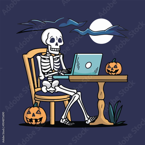 Halloween skeleton operating a laptop