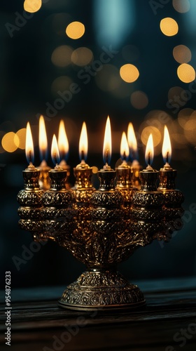 A beautifully crafted menorah with lit candles is showcased in a close-up on a wooden table, with the softly blurred lights of a night cityscape in the background.