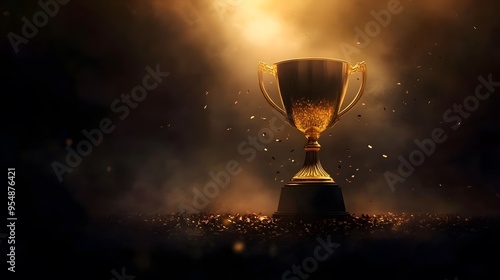 Golden Trophy with Ethereal Smoke on Dark Background, Detailed Award-Winning Composition