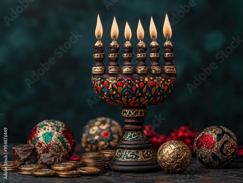 In close detail, a decorated menorah with lit candles is shown alongside a stack of gold coins and a dreidel, all set against a dark background. photo