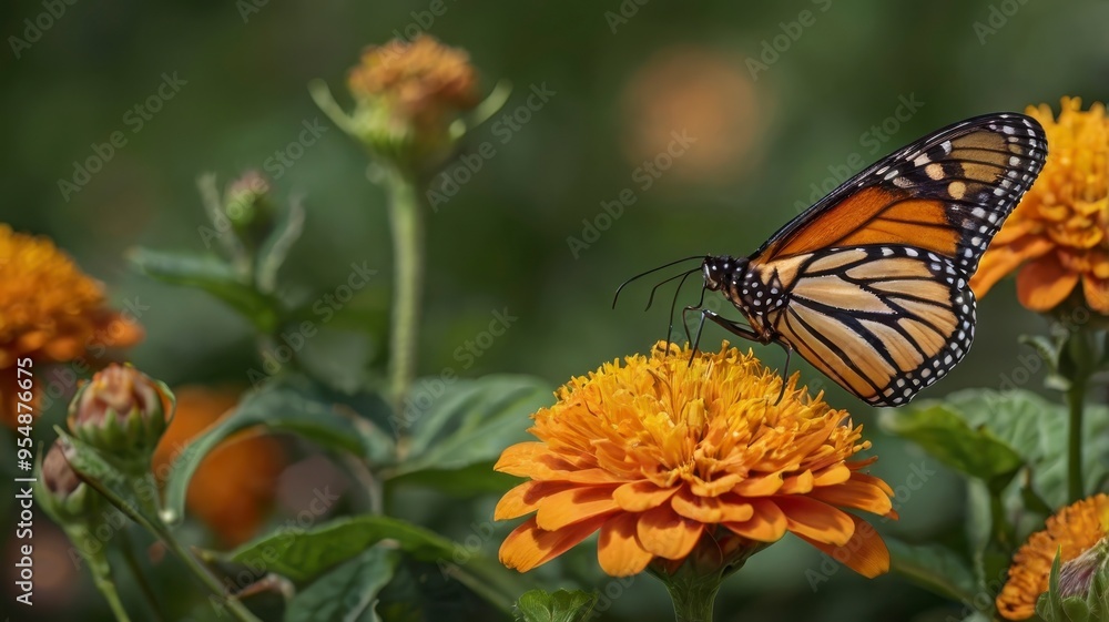 Obraz premium Side view of monarch butterfly on orange flower