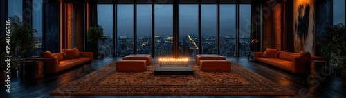 A sleek, modern living room with floor-to-ceiling windows offering a stunning panoramic city view, featuring warm lighting, minimalist furniture, and a lit menorah. photo