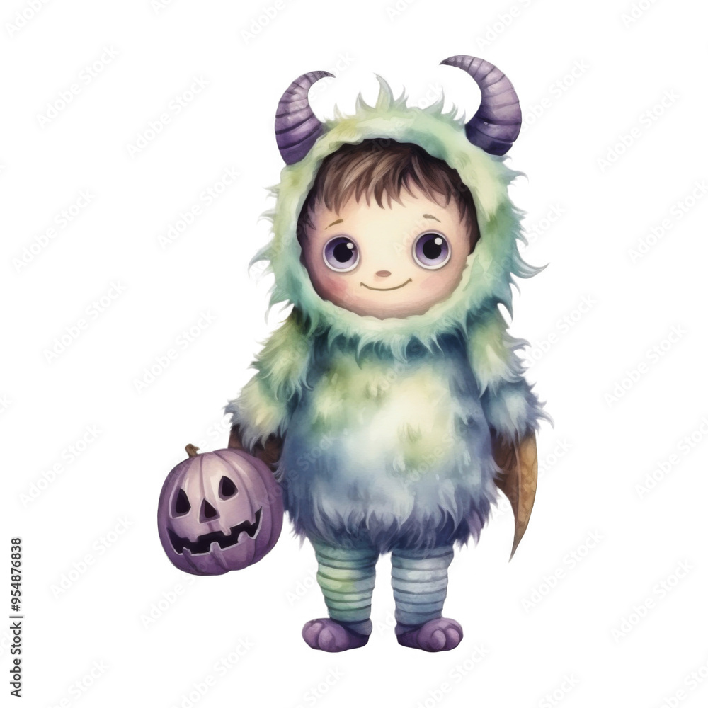A Little Monster in a Fuzzy Costume Holding a Purple Jack-o'-Lantern A Little Monster in a Fuzzy Costume Holding a Purple Jack-o'-Lantern