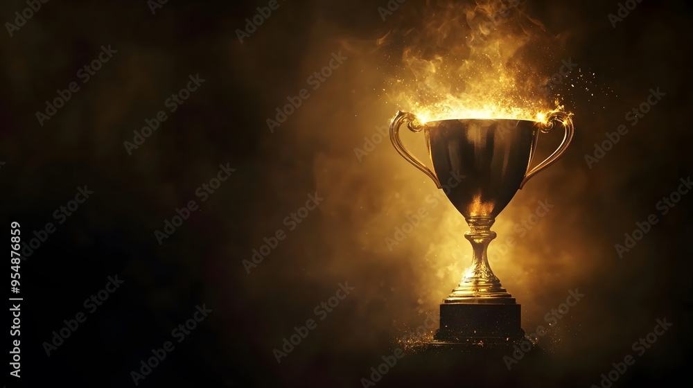 Golden Trophy and Confetti on Dark Background, Success Award Banner for Victory Celebration and Premium Service Achievement Presentation Golden Trophy and Confetti on Dark Background, Success Award Banner for Victory Celebration and Premium Service Achievement Presentation