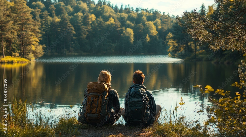 Obraz premium Two hikers sitting by a tranquil lake surrounded by forest at dawn