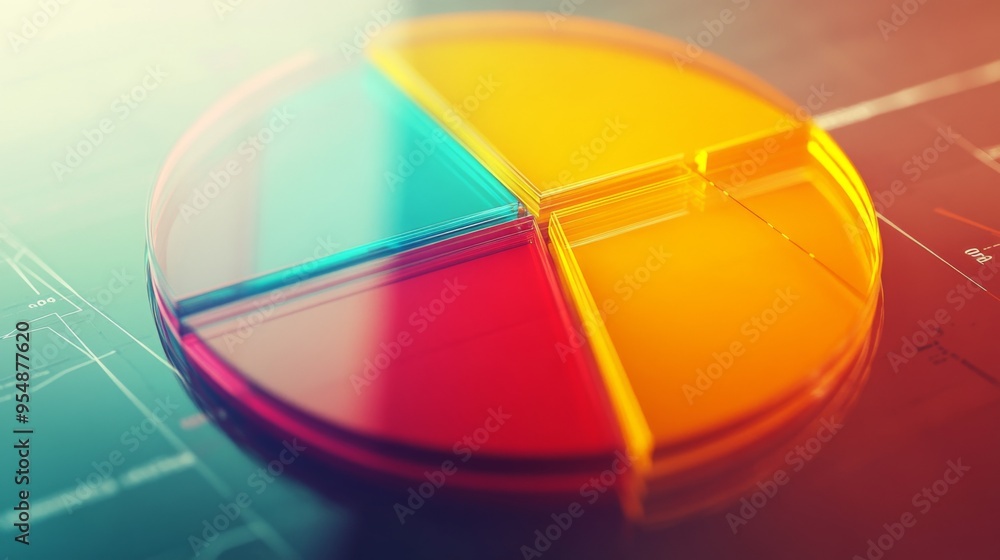 Fototapeta premium A close-up of a pie chart with a transparent overlay, highlighting specific data segments with interactive elements or annotations.
