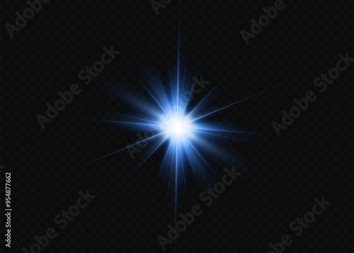 Blue star, bright particles, burning blue lights, stars, lasers, blue flash.