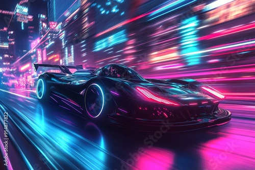 Cyber-enhanced street racer in a sleek, futuristic car with neon lights illuminating the cockpit, city skyline blurred in the background as they speed through the streets, intense and vibrant colors