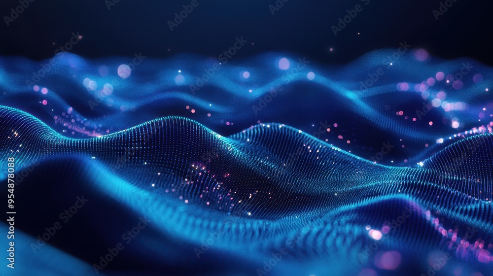 Abstract Blue and Purple Digital Wave Background with Glowing Particles Abstract Blue and Purple Digital Wave Background with Glowing Particles