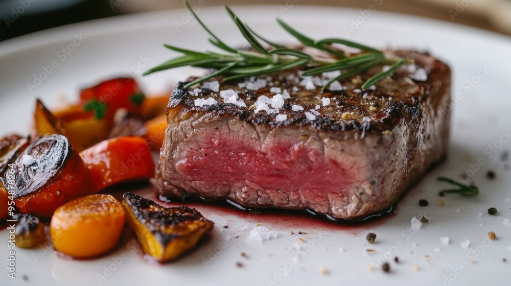 A close-up of a succulent steak garnished with rosemary sprigs and sea salt flakes, served on a elegant white plate with roasted vegetables. A close-up of a succulent steak garnished with rosemary sprigs and sea salt flakes, served on a elegant white plate with roasted vegetables.