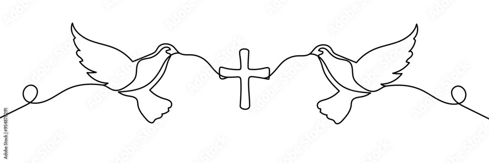 Continuous one line drawing of Two Doves flying with a Symbol of Religion. Cross. Dove Of Peace. Vector illustration.
