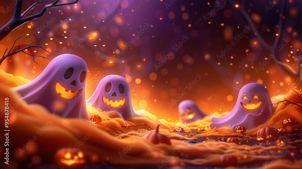 Naklejka premium Halloween Banner with Smiling Ghosts and Pumpkin