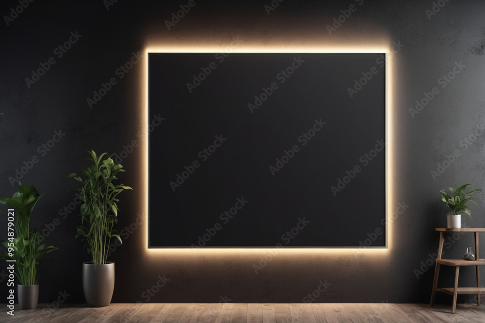 Empty black Poster mockup on the black wall with backlight, AI Generated Empty black Poster mockup on the black wall with backlight, AI Generated