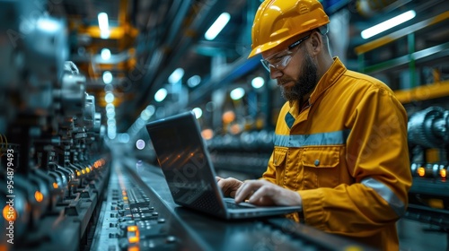 A male industrial engineer in a vibrant hard hat and protective gear meticulously works on a laptop in a high-tech manufacturing plant