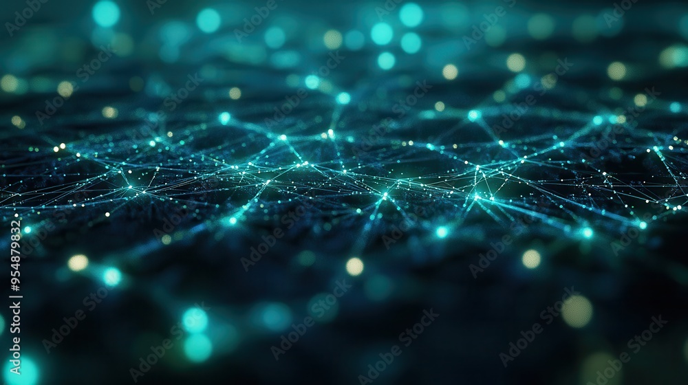 Abstract Teal and Blue Digital Network Background with Glowing Lines and Bokeh Lights. Abstract Teal and Blue Digital Network Background with Glowing Lines and Bokeh Lights.
