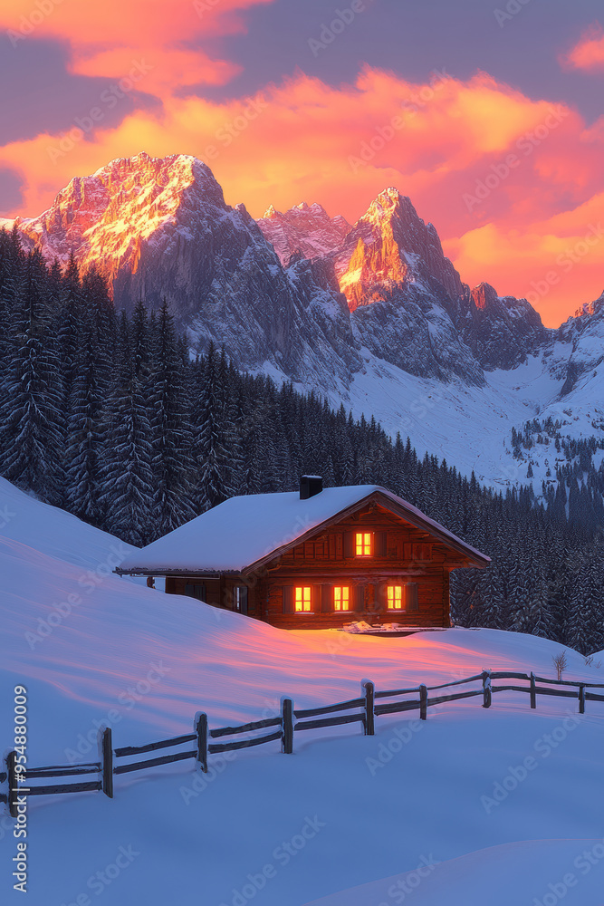 Cozy cabin in snow-covered mountains at sunset Cozy cabin in snow-covered mountains at sunset
