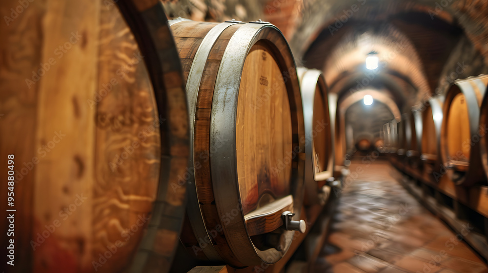A traditional Italian wine cellar with oak barrels in rows. A traditional Italian wine cellar with oak barrels in rows.