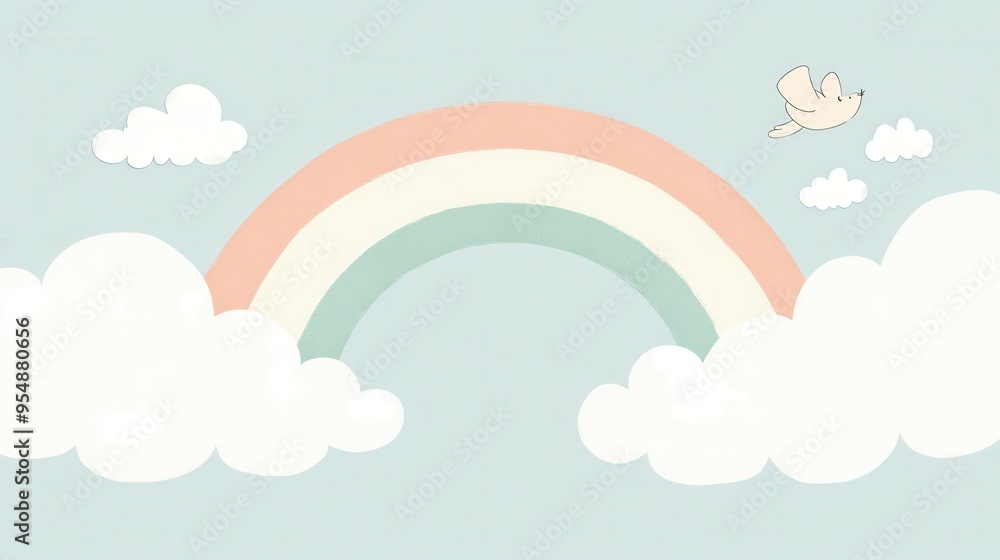 Cute Pastel Rainbow Illustration with Flying Bird and Clouds - Perfect for Children's Decor, Nursery Art, or Wall Art. Cute Pastel Rainbow Illustration with Flying Bird and Clouds - Perfect for Children's Decor, Nursery Art, or Wall Art.