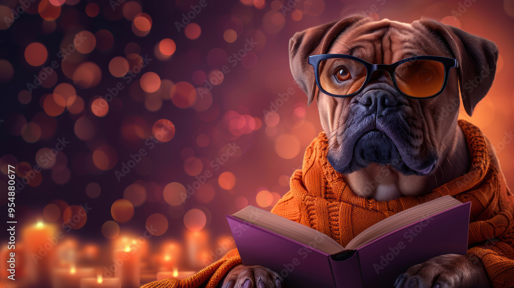 Happy Dog Reading Book with Glasses Happy Dog Reading Book with Glasses