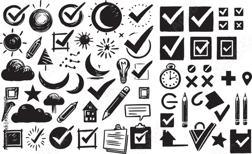 Doodle chalk check mark set. Black charcoal pencil check boxes, sketch checklist icons, tick cross signs. Crayon grunge checkmark elements. Hand drawn checkbox vote marks, correct or incorrect symbols