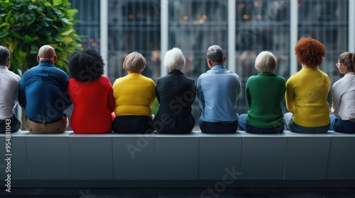 A group of diverse individuals is seated together in a contemporary office, facing large windows that provide a view of the bustling city outside, reflecting the daylight photo