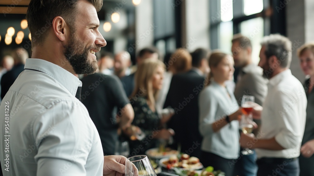 © Anna - A well-dressed man smiles while holding a glass of wine, surrounded by a group of people mingling and enjoying appetizers at a vibrant indoor gathering