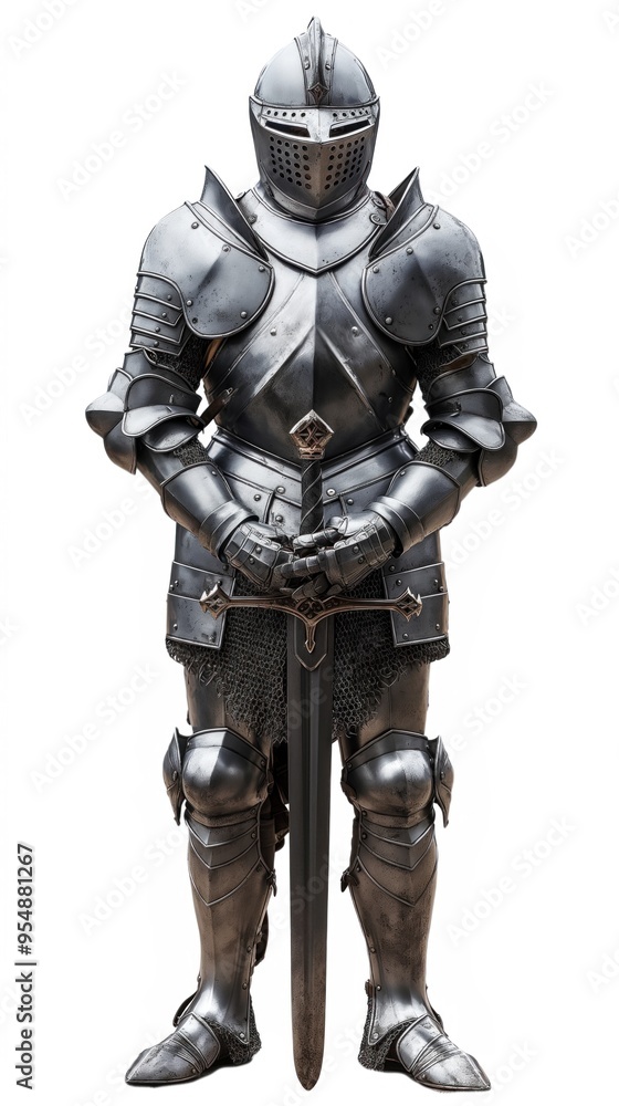 The knight is fully equipped in a shining suit of armor, featuring intricate designs and a raised visor, holding a sword upright, ready for battle or display, in a plain white backdrop The knight is fully equipped in a shining suit of armor, featuring intricate designs and a raised visor, holding a sword upright, ready for battle or display, in a plain white backdrop