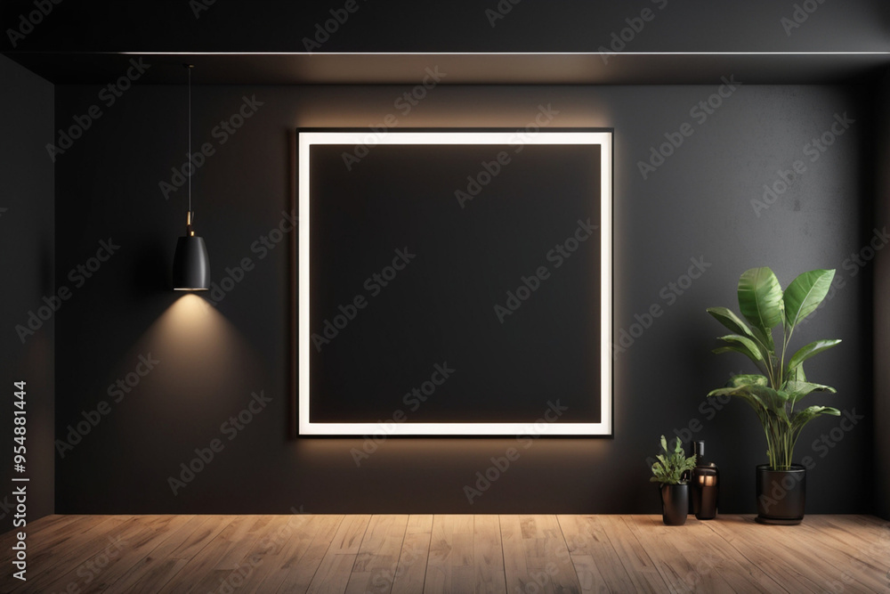 Empty black Poster mockup on the black wall with backlight, AI Generated Empty black Poster mockup on the black wall with backlight, AI Generated