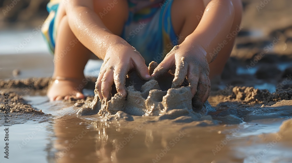 Closeup image of a young child sitting on the beach using both hands to gather wet sand in order to build an intricate sandcastle Closeup image of a young child sitting on the beach using both hands to gather wet sand in order to build an intricate sandcastle