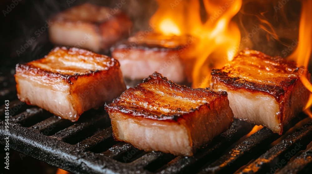 A close-up of pork belly slices on a barbecue grill, the flames licking the meat and creating a mouthwatering caramelized crust. A close-up of pork belly slices on a barbecue grill, the flames licking the meat and creating a mouthwatering caramelized crust.