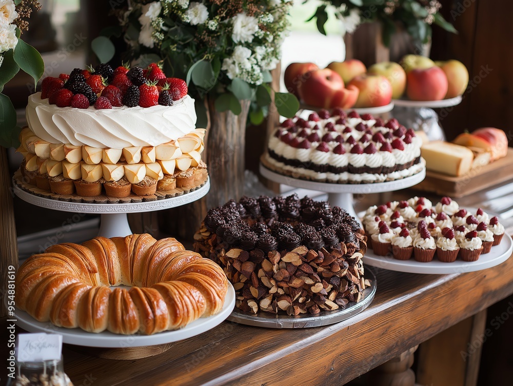 Oktoberfest dessert table featuring apple strudel and Black Forest cake, sweet treats for the festive occasion Oktoberfest dessert table featuring apple strudel and Black Forest cake, sweet treats for the festive occasion
