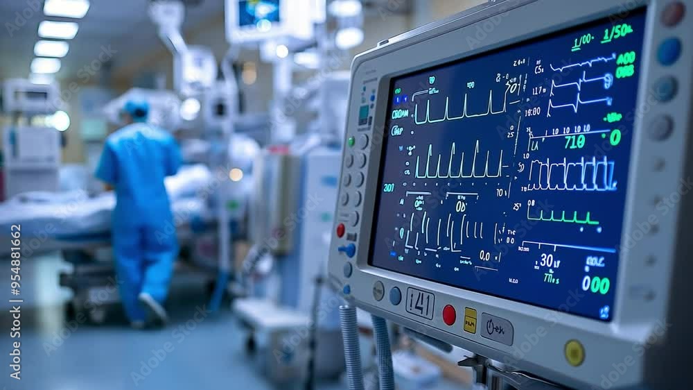 A medical practitioner is keeping an eye on the patient's vital signs in an intensive care unit. The control panel is located in the hospital room. A medical practitioner is keeping an eye on the patient's vital signs in an intensive care unit. The control panel is located in the hospital room.