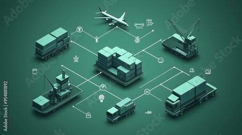 Illustration of the supply chain, container shipping, container port