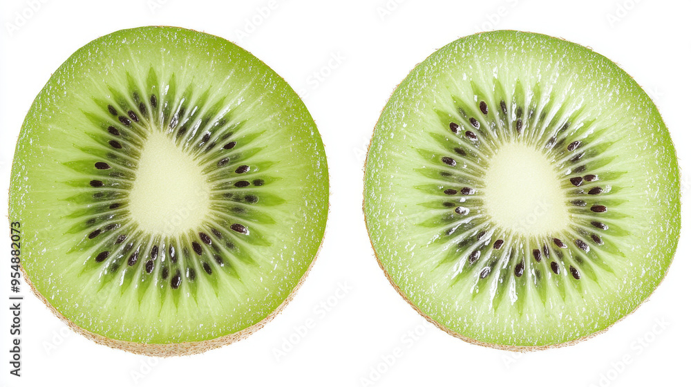 Fototapeta premium Two kiwi slices, isolated on a white background. Clipping path included. 