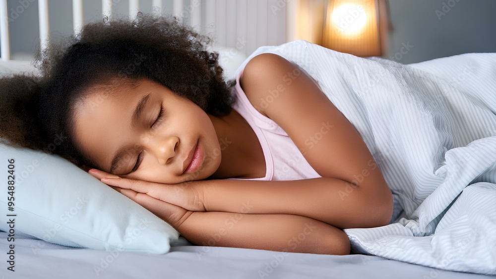 Concept: healthy deep sleep, rest. Girl with closed eyes sleeps in a soft bed. Concept: healthy deep sleep, rest. Girl with closed eyes sleeps in a soft bed.