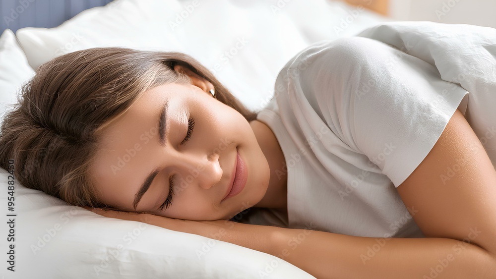 Concept: healthy deep sleep, rest. Girl with closed eyes sleeps in a soft bed. Concept: healthy deep sleep, rest. Girl with closed eyes sleeps in a soft bed.