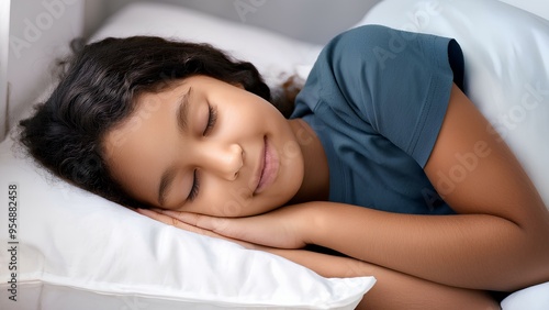 Concept: healthy deep sleep, rest. Girl with closed eyes sleeps in a soft bed.