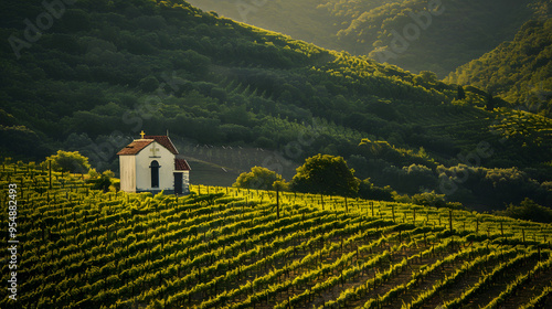 A vineyard in Molise Italy with a small chapel nestled among the vines.