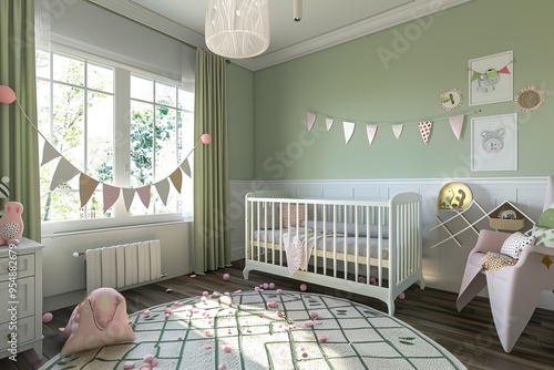 Baby room interior. Kids room at green color. Decorated walls, baby goods. Light children's bedroom with chest, crib and table. Scandinavian Modern nursery. Cozy Cradle Bed. Childish Room. Cosy Home