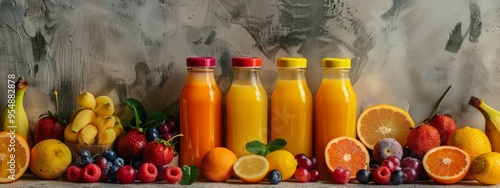 Colorful assortment of fruit juices and fresh fruits against textured wall.