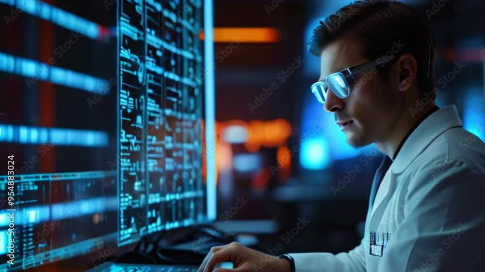 A young man wearing a white lab coat and glasses is looking intently at a computer screen filled with data. He is in a dimly lit room, and the screen is the only source of light. A young man wearing a white lab coat and glasses is looking intently at a computer screen filled with data. He is in a dimly lit room, and the screen is the only source of light.