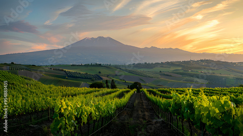 A vineyard in Sicily Italy with the silhouette of Mount Etna in the background.