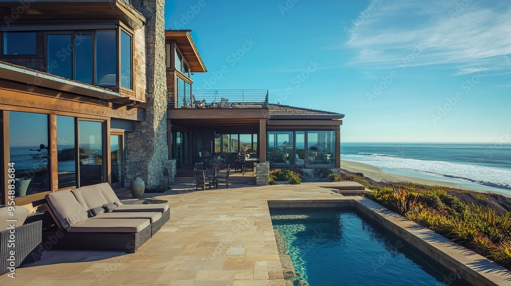 A large house with a pool and a patio overlooking the ocean A large house with a pool and a patio overlooking the ocean