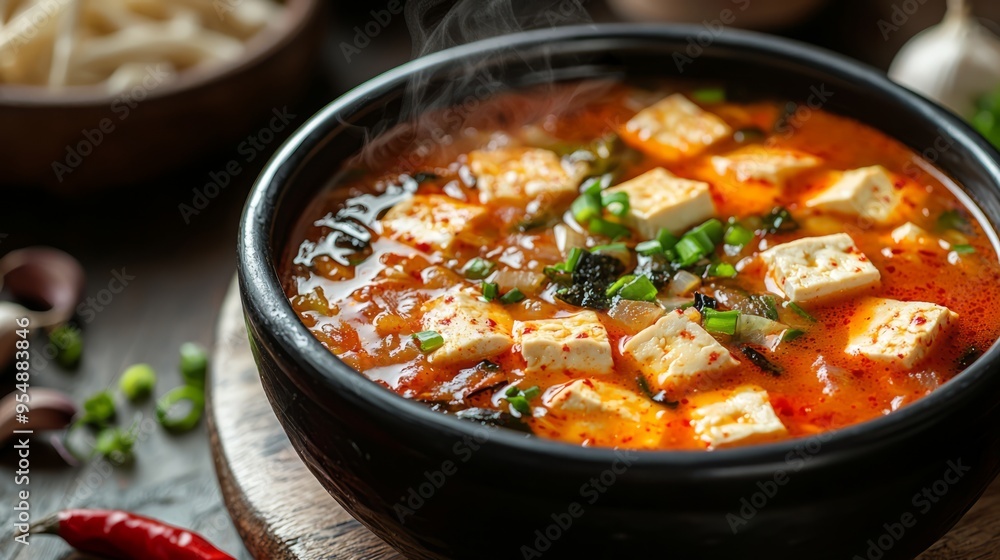 Close up of a spicy Korean tofu soup with vibrant ingredients Close up of a spicy Korean tofu soup with vibrant ingredients