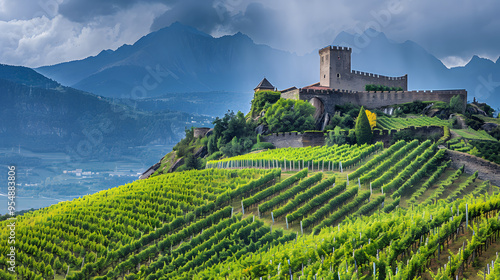 A vineyard in the Aosta Valley Italy with a historic fort on the hilltop.