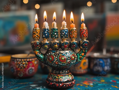 Vibrant handcrafted menorah with lit candles, showcasing intricate designs and bright colors, symbolizing Hanukkah traditions and festive celebration. photo