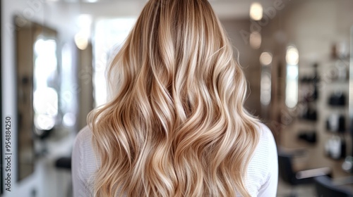 Back view of a woman with long, wavy blonde hair in a salon