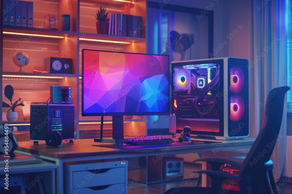 Home office setup with HTPC Hackintosh gaming rig liquid cooling RGB lights. Home office setup with HTPC Hackintosh gaming rig liquid cooling RGB lights.
