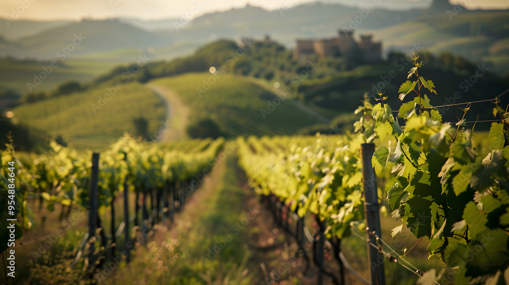 Fototapeta premium A vineyard in the Marche region Italy with a medieval castle in the distance.